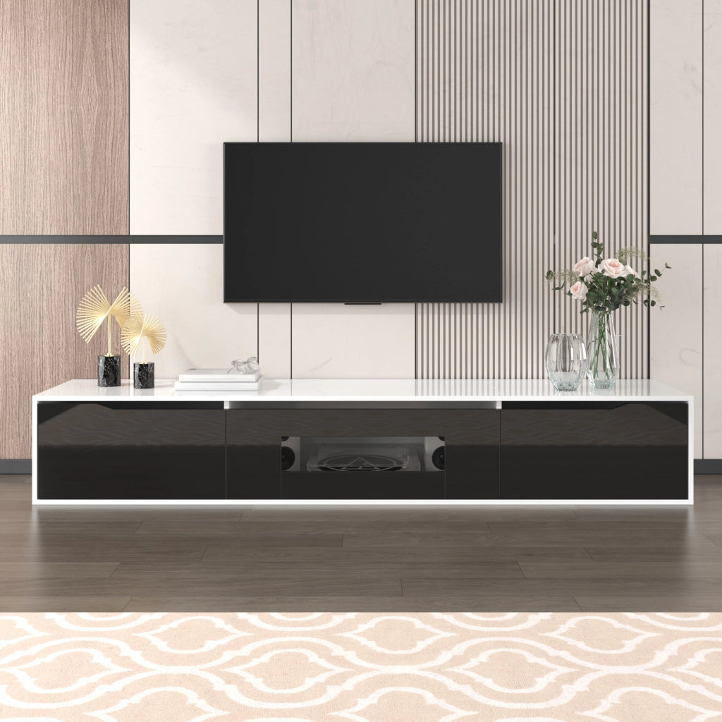 Mobile TV moderno 180x30x35 cm bianco e nero con LED multicolore, ante rigate e finitura lucida