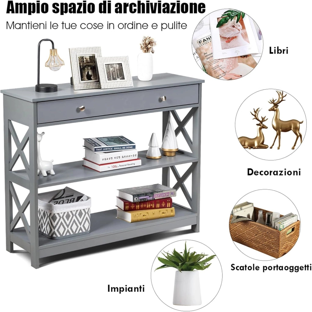 Tavolo Consolle con Cassetto, Tavolo da Ingresso a 3 Ripiani, Tavolino per Divano per Ingresso Soggiorno Camera da Letto, Stile Vintage Industriale (Grigio)