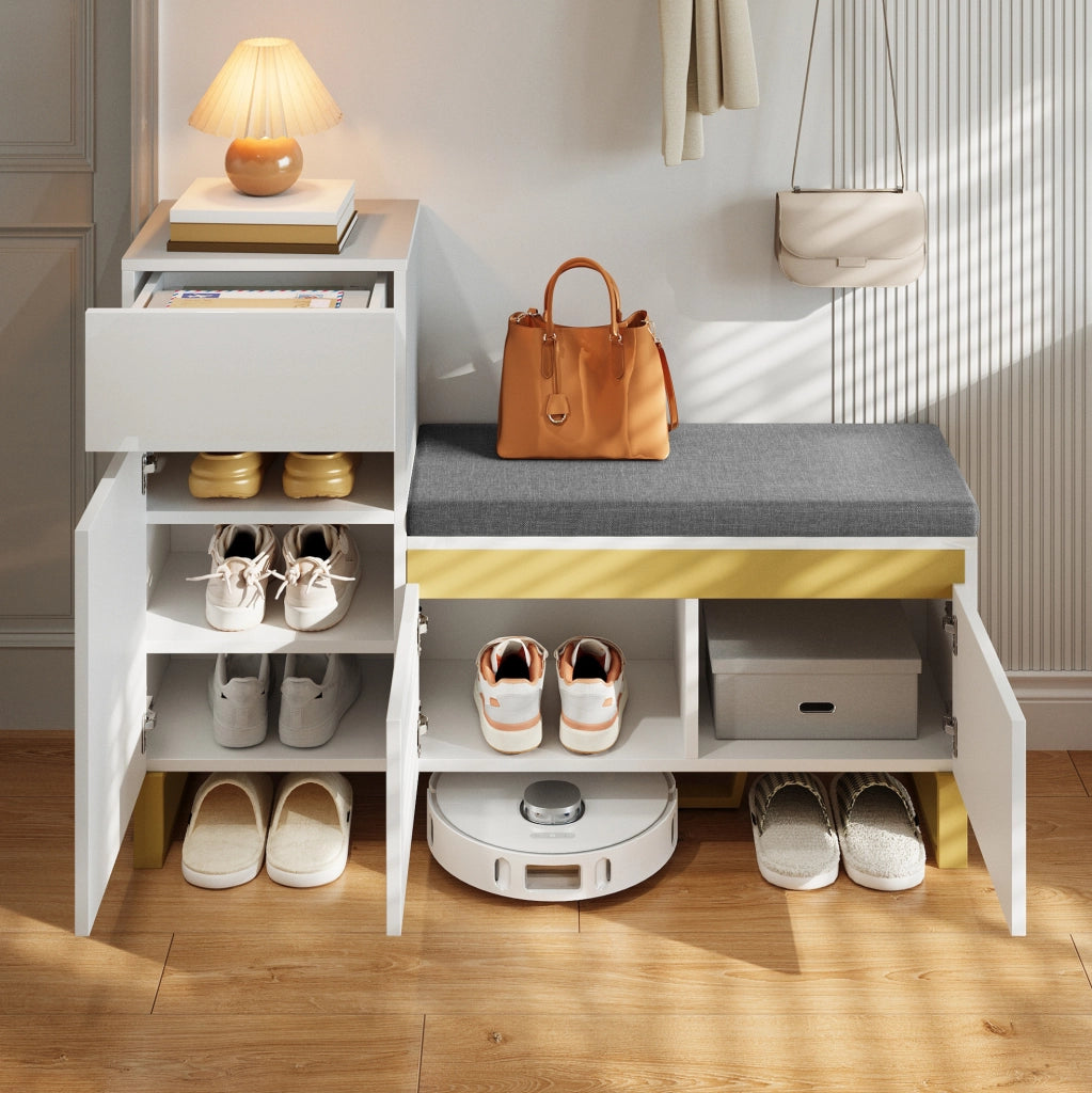 Scarpiera con panca imbottita 120x35x85 cm in MDF bianca HOMVRA