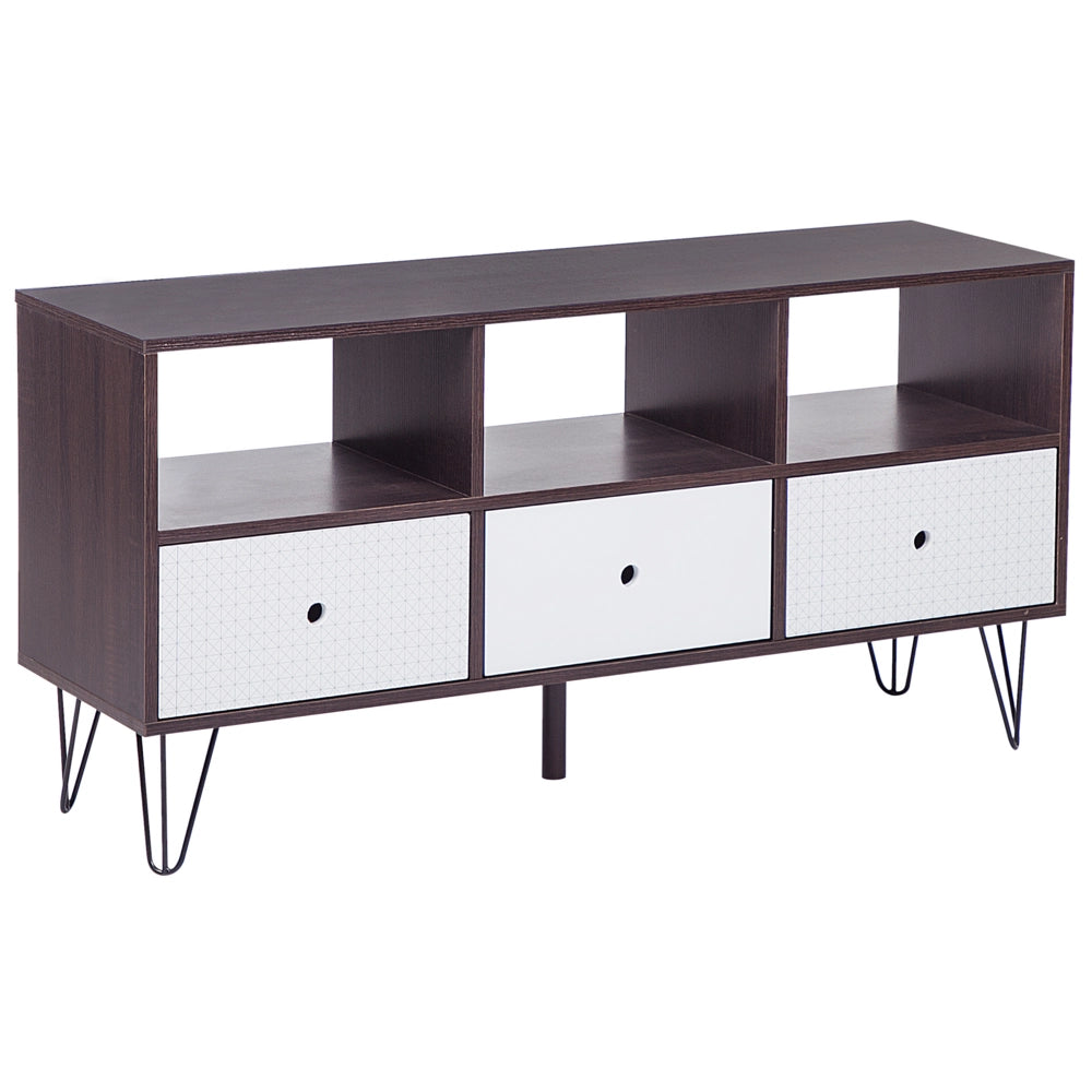 Mobile TV in legno scuro con bianco per TV fino a 50ʺ con ripiani a 3 cassetti