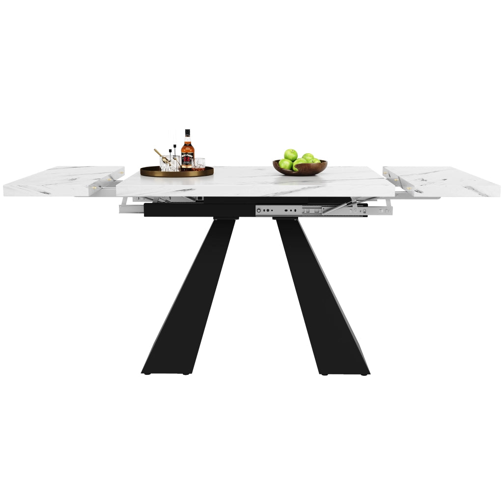 Tavolo da pranzo allungabile con piano in MDF effetto marmo e gambe in acciaio al carbonio, bianco, 99 × 74 × 77 cm