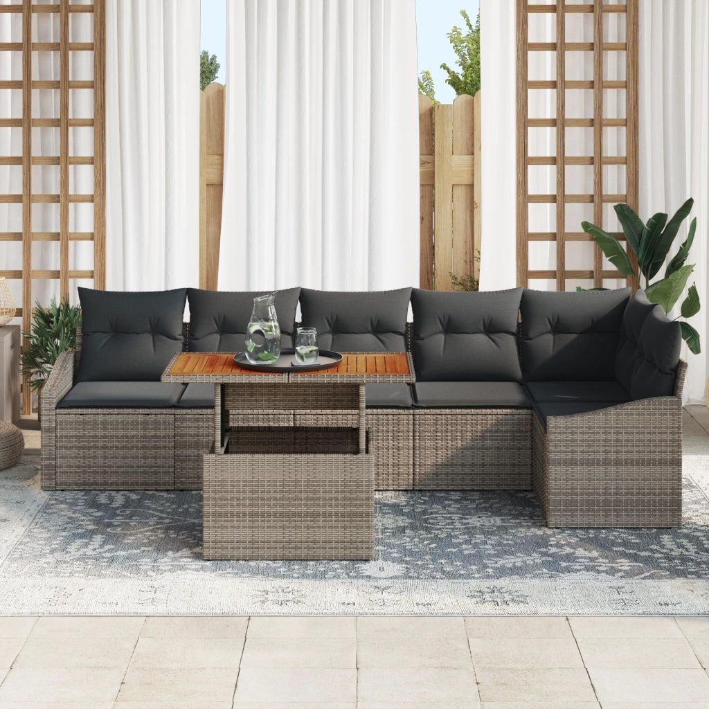 Set da Pranzo da Giardino 7 Pezzi con Cuscini Grigi Rattan Acacia