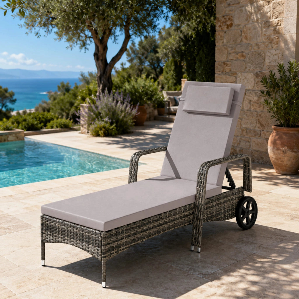 Chaise Longue In Polyrattan Con Schienale Reclinabile Sei Livelli Poggiatesta Integrato E Ruote Per Giardino E Solarium 196 x 72 x 94.5 Cm Grigio
