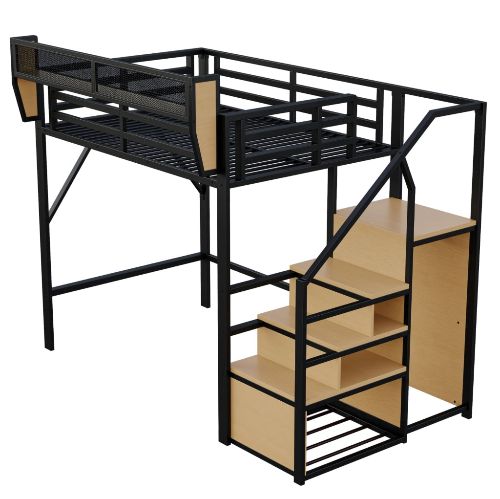 Letto a soppalco 140x200 cm in metallo nero con scala di sicurezza e ripiano