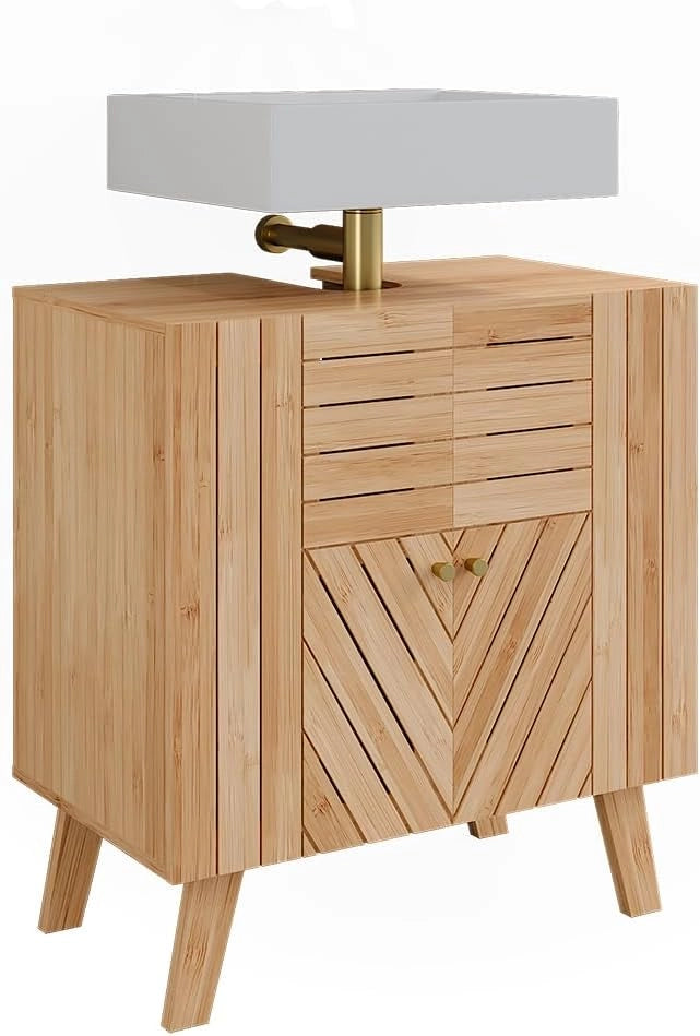 Mobiletto per lavabo Lucie, Bambù, 60 x 65 cm con 2 porte, adatto per la conservazione salvaspazio di accessori da bagno