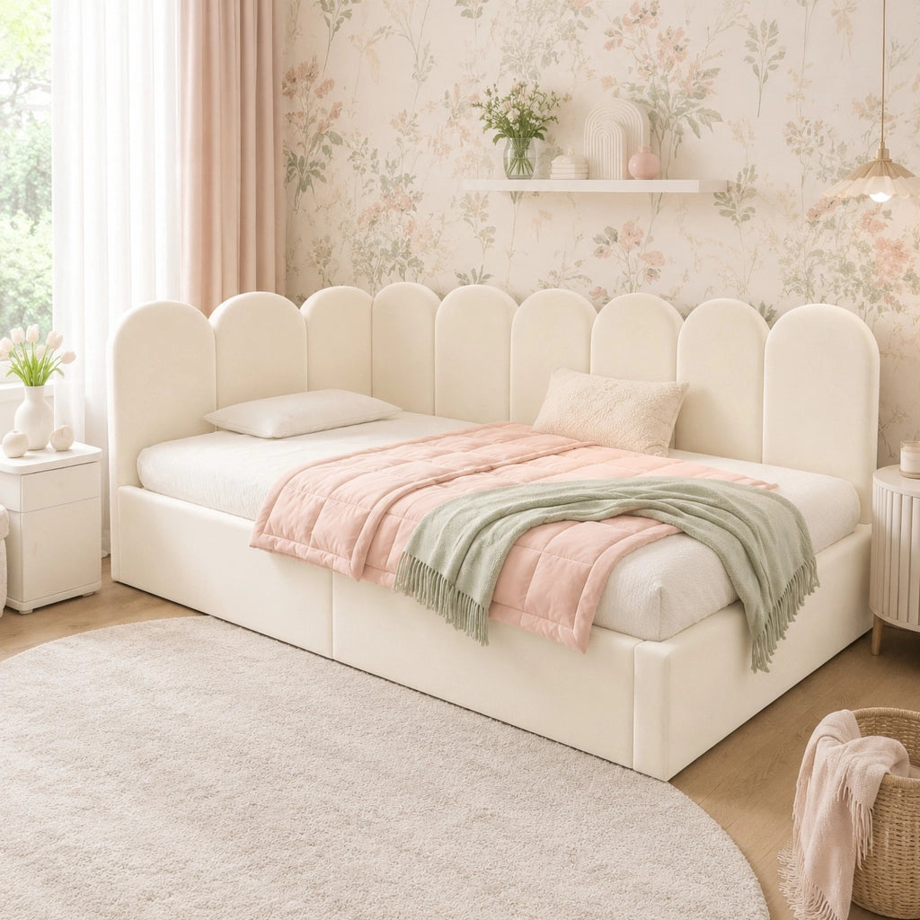 Letto da giorno imbottito 90x190 cm con contenitore idraulico, velluto, beige