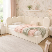 Letto da giorno imbottito 90x190 cm con contenitore idraulico, velluto, beige