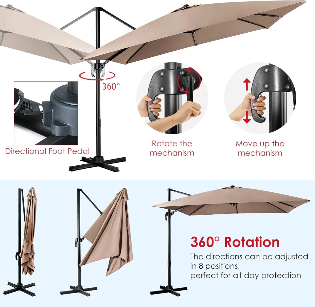 Ombrellone da giardino, 300 cm, pieghevole e regolabile in altezza, da balcone, rettangolare, da spiaggia con base a croce, ombrellone stabile e di alta qualità, marrone, 300 x 300 cm