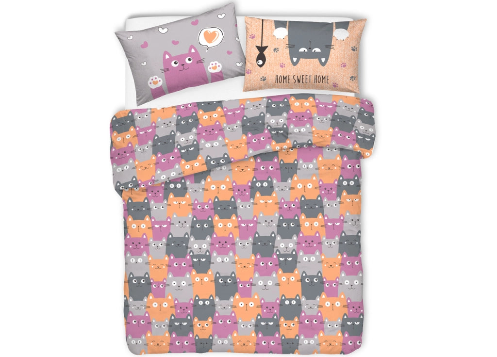 Copripiumino Sacco Piumone Pensieri Delicati Cotone Disegno Happy Cat - Matrimoniale - Arancio