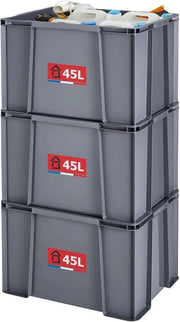 Set di 3 Scatole di Archiviazione Stacking – 45L Scatole di Plastica di Archiviazione – Robuste e Rafforzate – Pareti Orizzontali – Adatte per Officina, Fai da Te e Trasporto