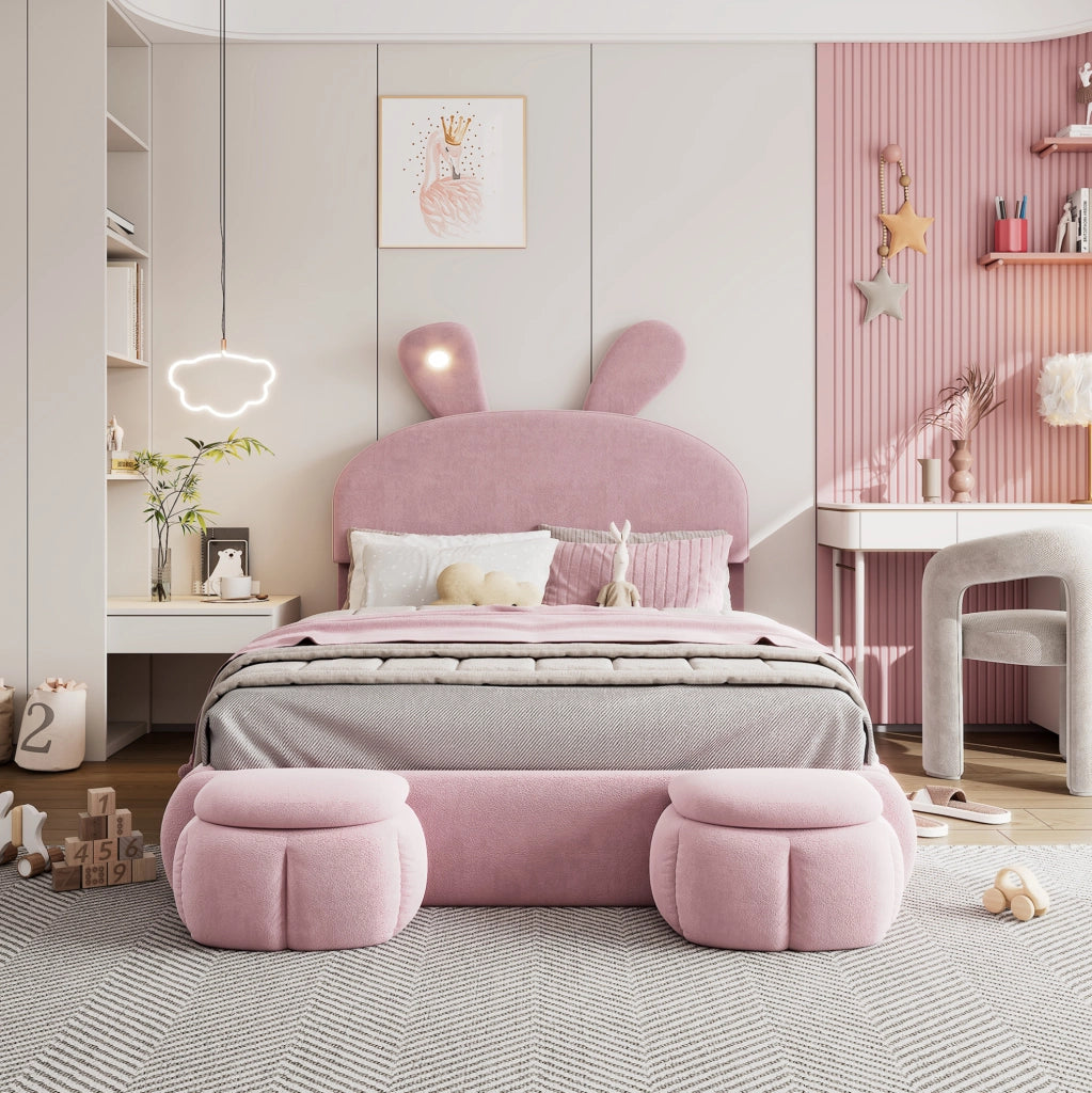 Letto imbottito rosa 140x200 cm con LED e contenitore