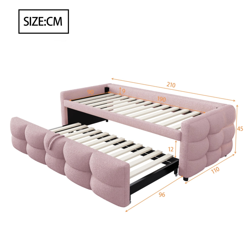 Letto imbottito estraibile 90/180x190 cm in tessuto Teddy rosa; con rete a doghe