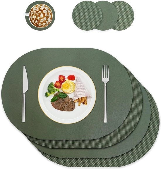 Piatti da tavola in pelle lavabile e sottopanchine - Decorazione da tavola per cucina e sala da pranzo - Set da 4 ovaletti verde 

(Nota: Ho mantenuto il modello di descrizione del prodotto, ma se desideri che sia solo il titolo, puoi chiedere)
