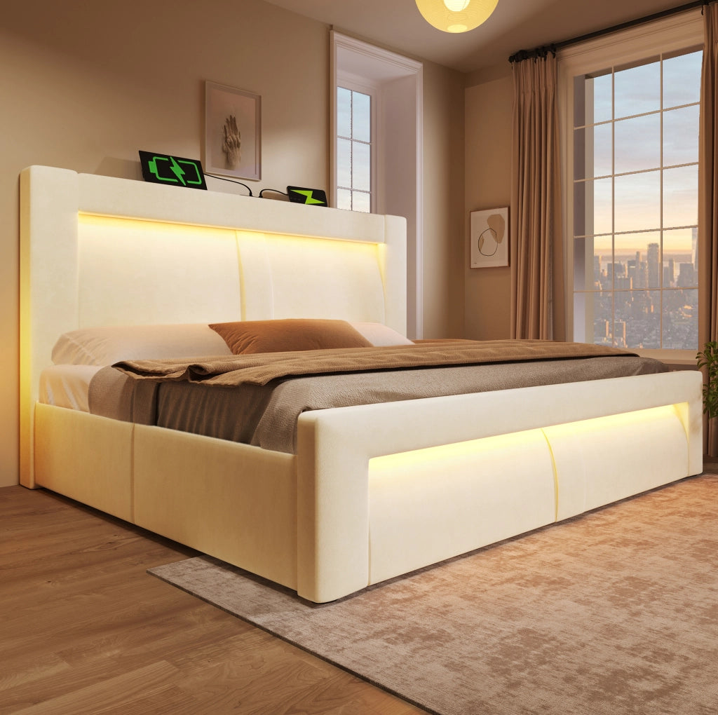Letto matrimoniale 180x200 cm con contenitore; LED e porte USB Tipo C; velluto beige