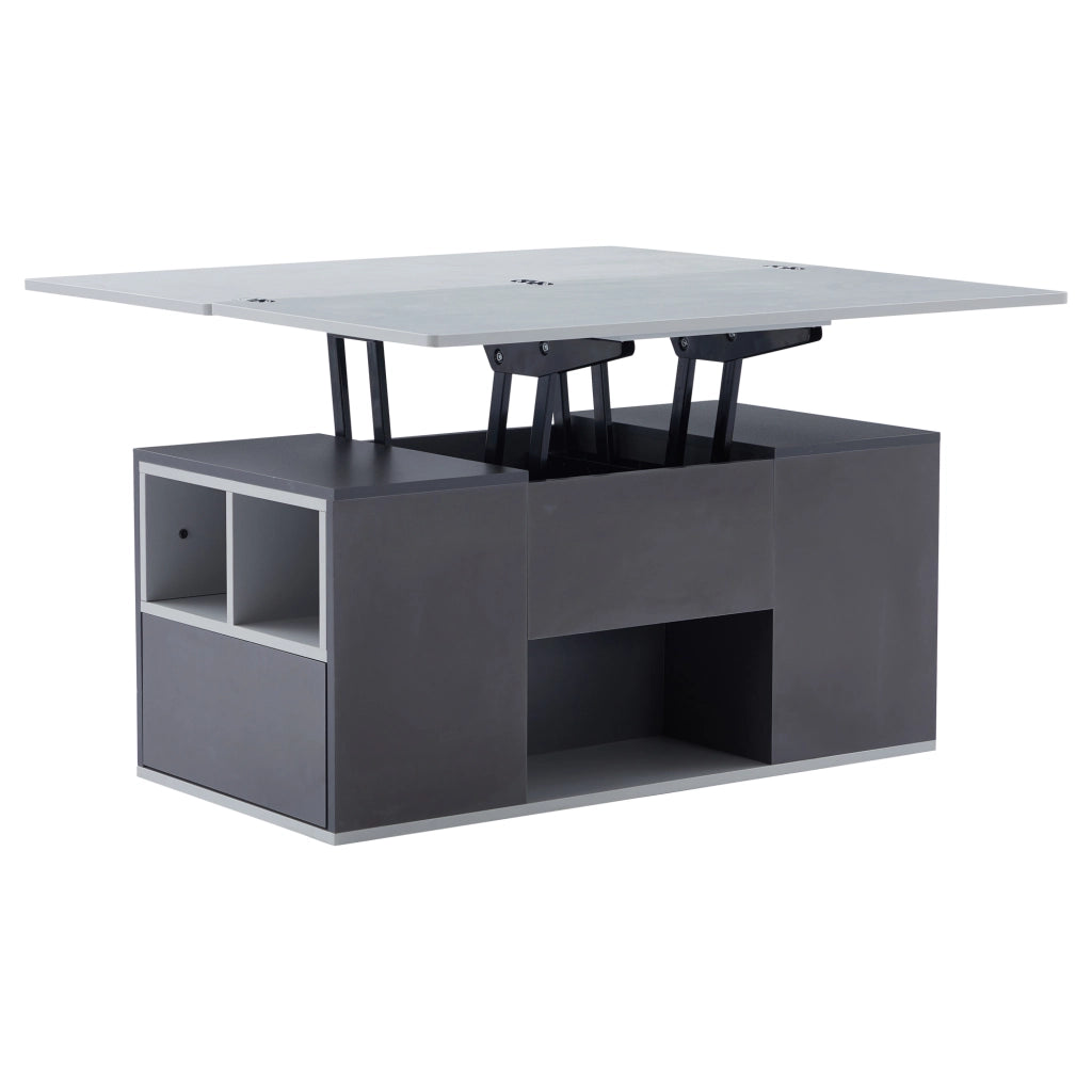 Tavolino basso sollevabile 2 in 1 con 2 cassetti e vani aperti, per soggiorno, in truciolato grigio, 100 × 51 × 47 cm