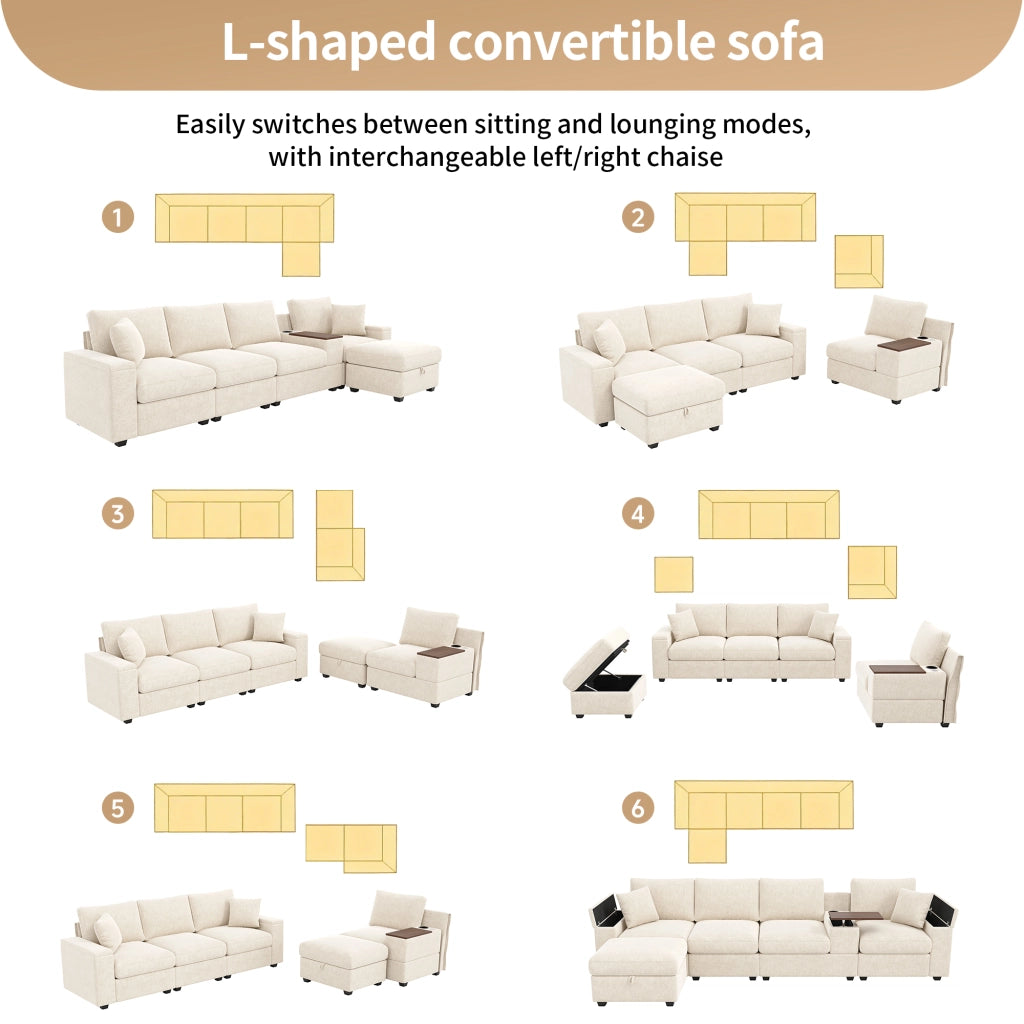 Divano modulare angolare in ciniglia con USB tipo C portabicchieri e contenitore beige