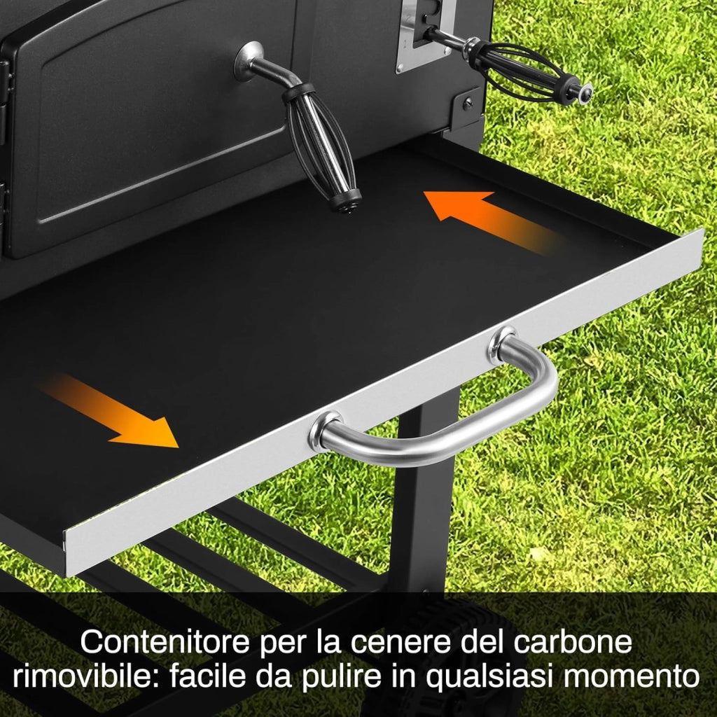 Barbecue a Carbonella XXL, Griglia per Barbecue con Camino e Coperchio, con Termometro e 2PCS Ruotes, Altezza Regolabile, Grande BBQ Smoker per Giardino, Campeggio