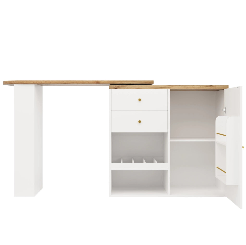 Mobile girevole in MDF bianco con ripiani laterali rotanti e cassetti
