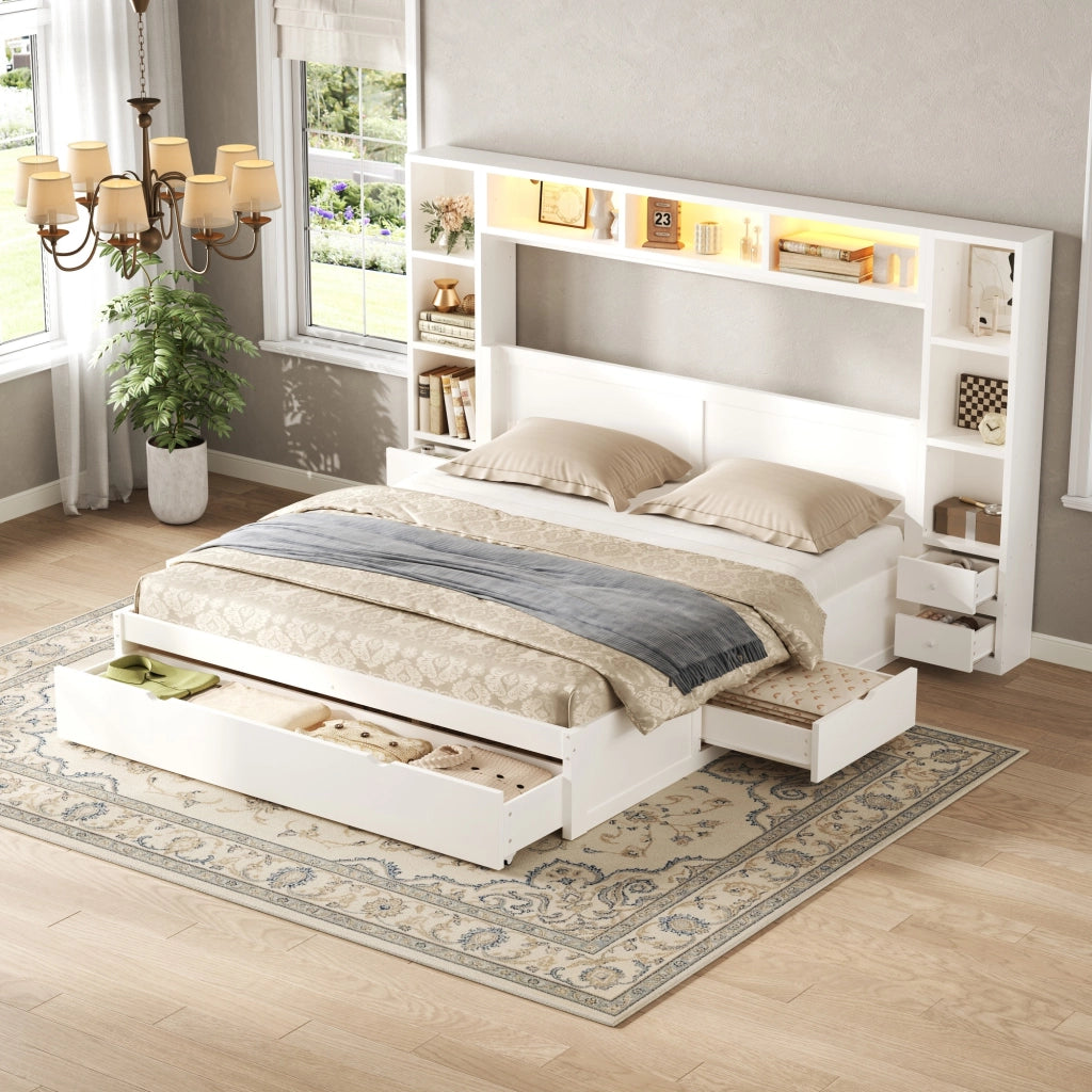 Letto contenitore 140x200 bianco con 7 cassetti; testiera libreria e luce LED