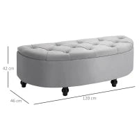 Panca Contenitore Fondoletto Imbottita a Semicerchio, Velluto e Legno, 120x46x42 cm, Grigio Chiaro