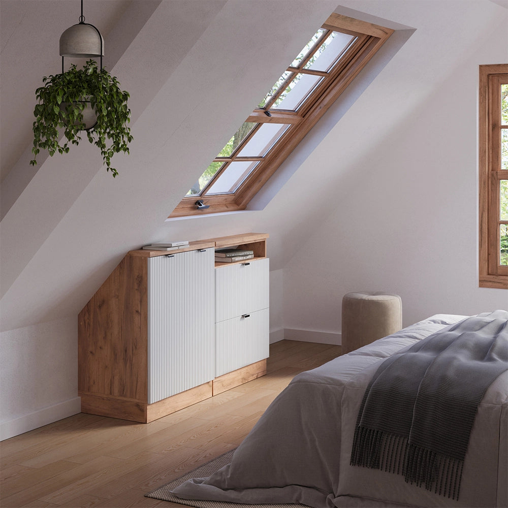 Set di mobili sottotetto Rion Ondulazione bianca/Rovere dorato 120 cm Set di 2 Vicco