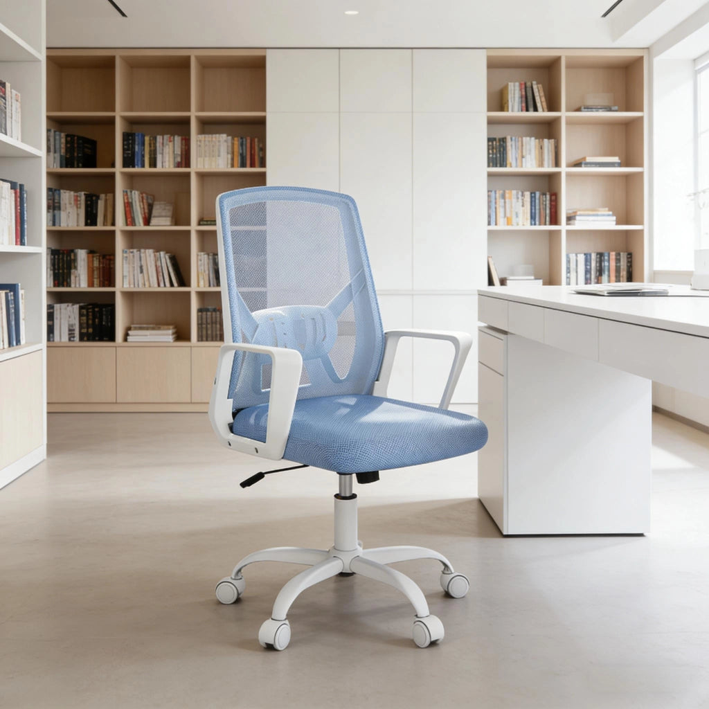 Sedia da ufficio pieghevole ergonomica con schienale reclinabile altezza regolabile e supporto lombare in rete e metallo blu