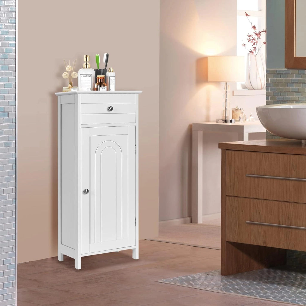 Armadietto Bagno da Terra, Mobiletto a 3 Ripiani con Anta, Cassetto, Manico, Spazio Interno Flessibile, Compatto e Salvaspazio, 35,5x30,5x88 cm, Bianco/Marrone/Grigio/Nero