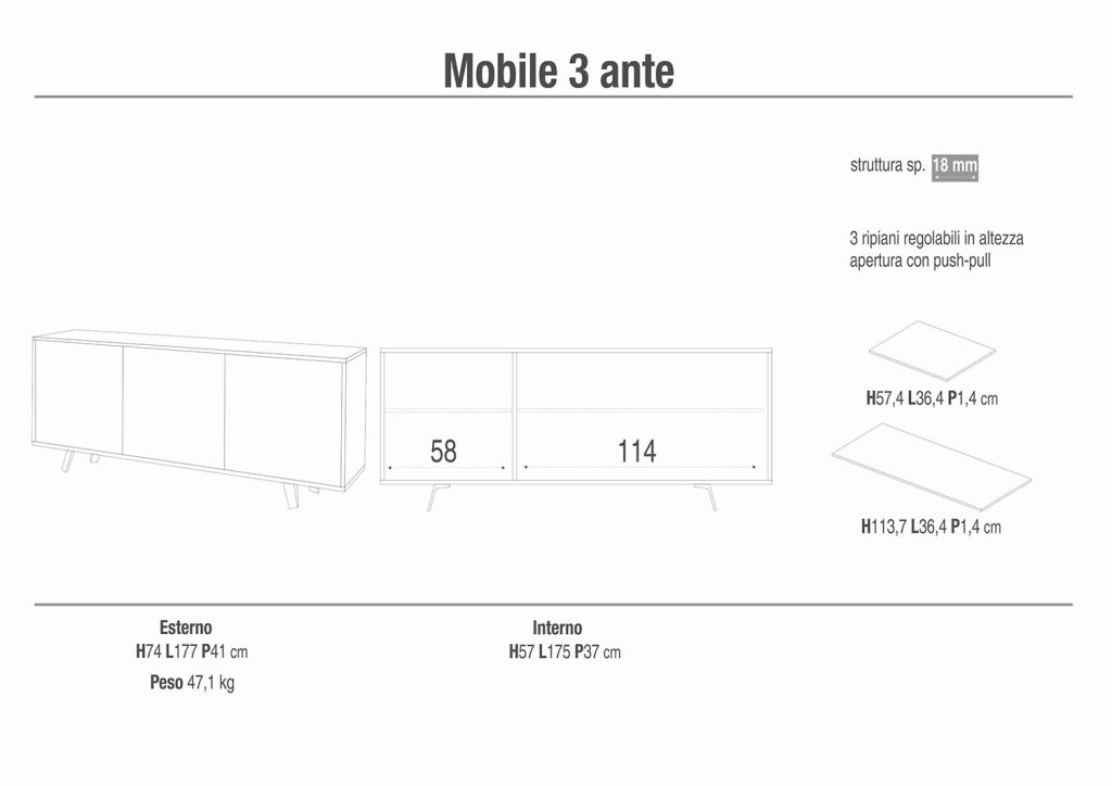 Mobile Soggiorno Madia 3 Ante 177x41x74 cm Ossido Nero e Ruggine