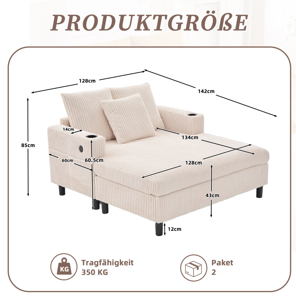 Poltrona relax 142x128x85 cm con LED; USB e portabicchiere in velluto a coste beige