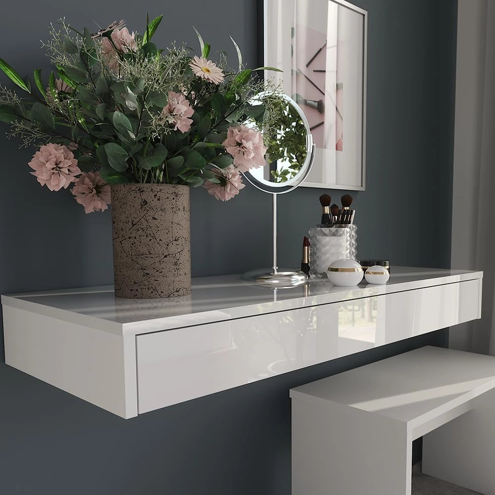 Libreria da parete Sherry, Bianco lucido, 100 x 12 cm con cassetto, adatto al montaggio a parete per riporre e organizzare