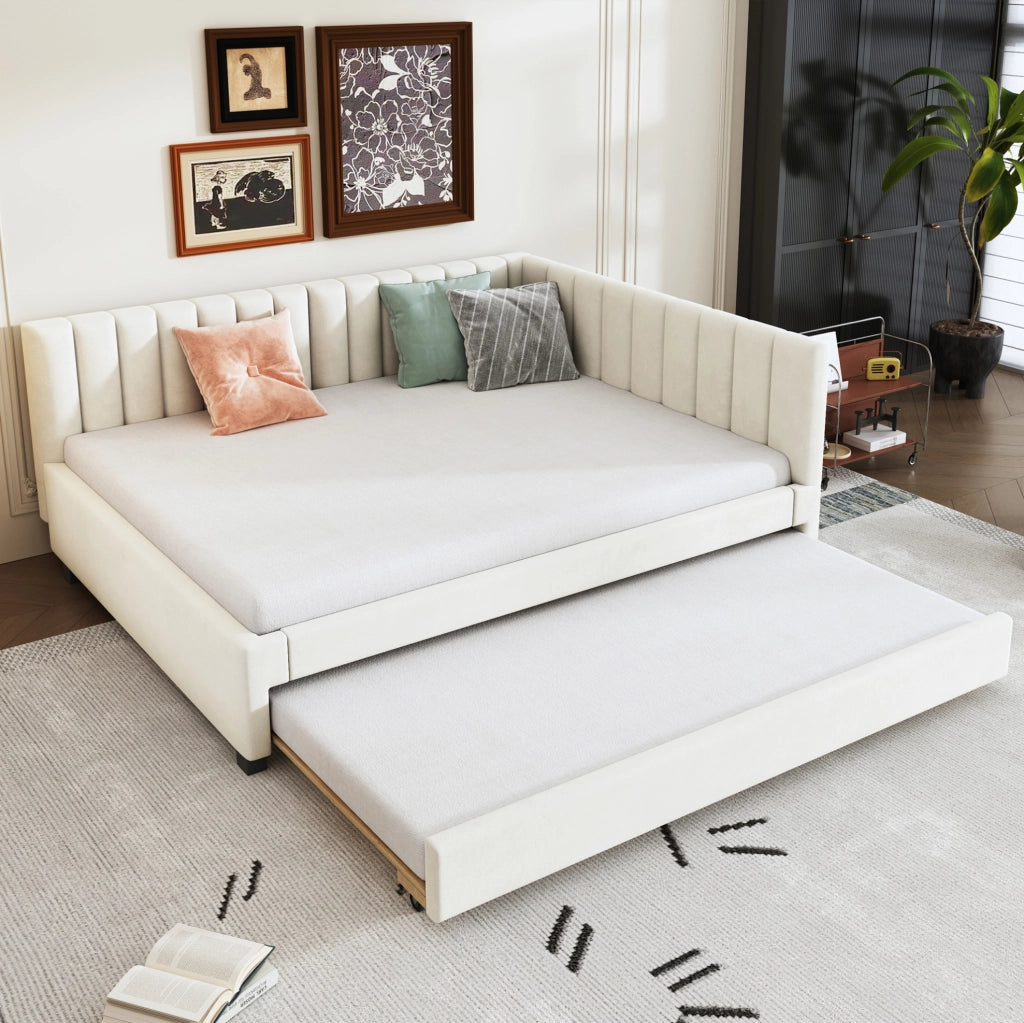 Letto imbottito estraibile 140x200 in velluto beige