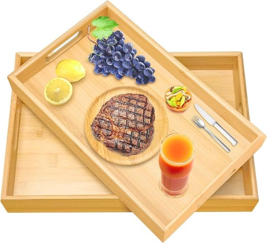 Dienblad in bambù, 2 pezzi, rettangolare, piatto da servizio in bambù con maniglie, tavola da caffè in legno per salotto, decorazione da tavola per letto, L.