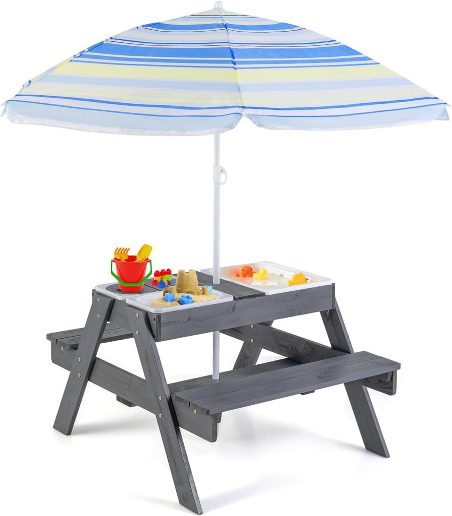 Gruppo di seggiolino per bambini, per esterni, tavolo da picnic con 3 contenitori rimovibili, panche e ombrellone regolabili in altezza, set per seggiolino per bambini in legno di abete, set da