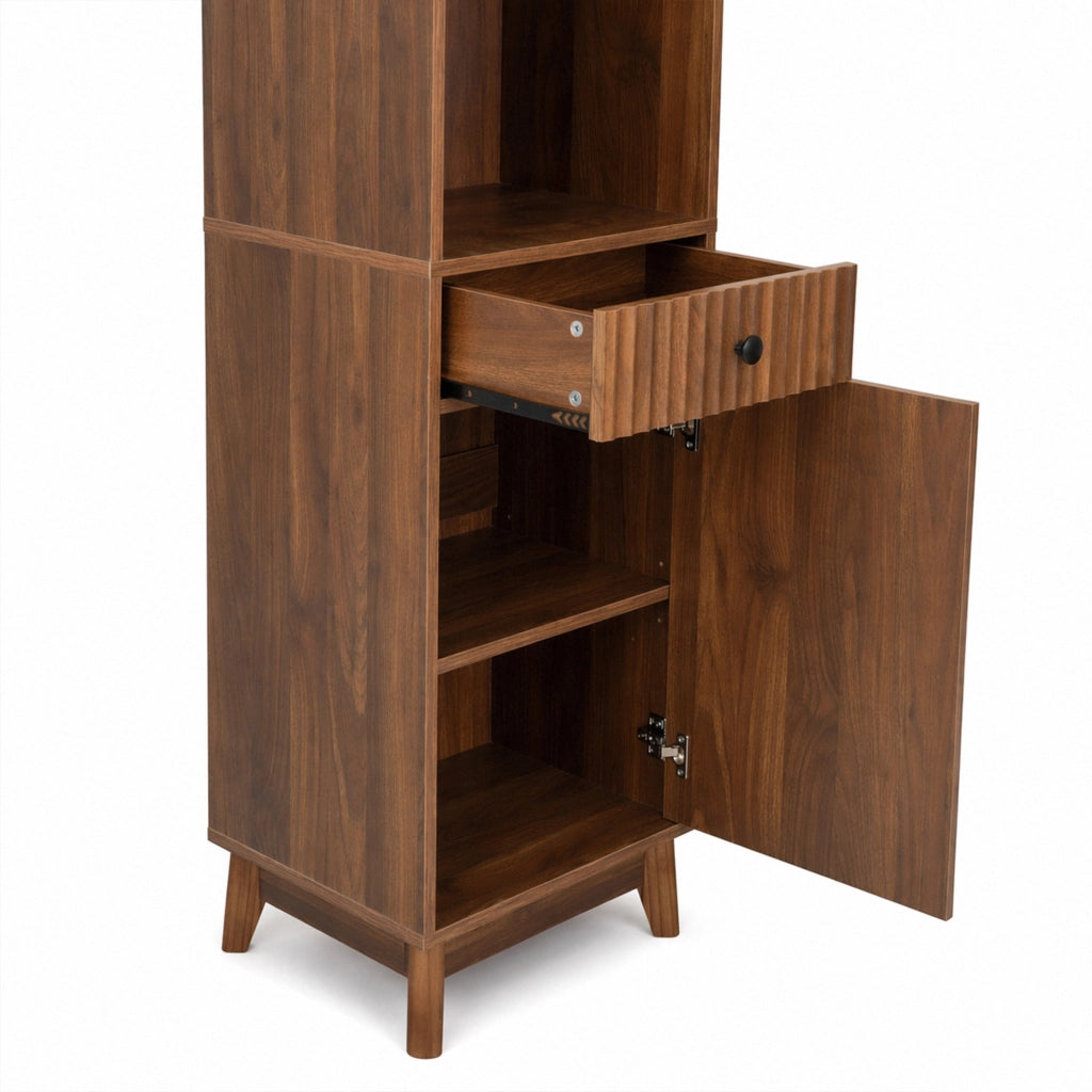 Colonna bagno con 1 anta reversibile; 1 cassetto e vani aperti con chiusura soft-close per bagno; in MDF; noce