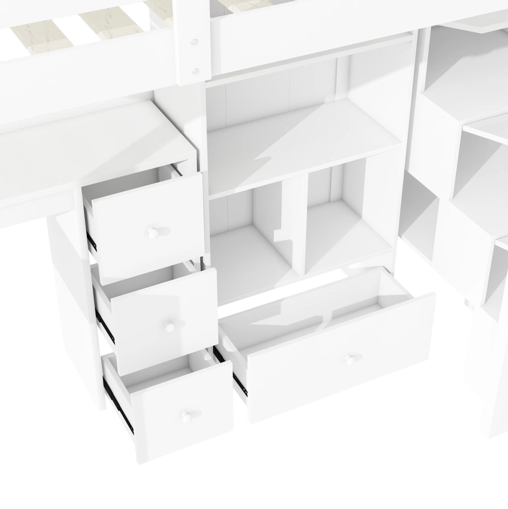 Letto a soppalco ULEVR 90x200 cm con scrivania, cassetti, ripiani e scaletta contenitore, bianco