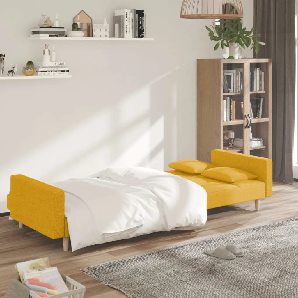 Divano Letto a 2 Posti con 2 Cuscini Giallo in Tessuto 375804