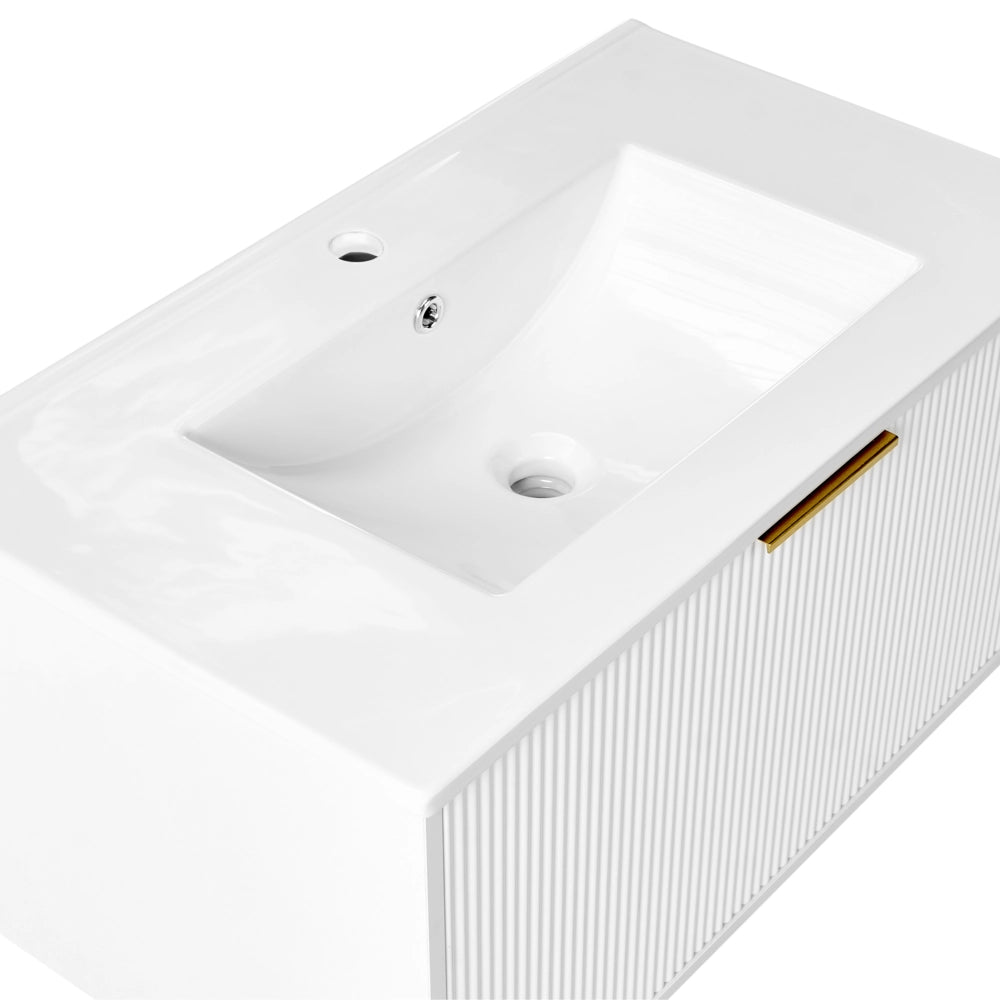 Mobiletto a muro con lavabo in legno massiccio Bianco con maniglia dorata per il bagno 80 cm stile moderno