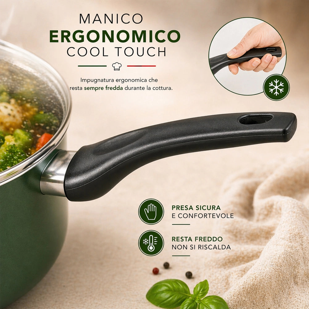 Batteria di Pentole 9 Pezzi Natura Più Antiaderente in Alluminio Pressofuso con Manici Cool Touch e Coperchi Verde