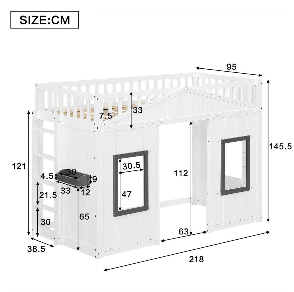 Letto a castello 90x200 cm con scale; sponde e finestre in legno e MDF bianco e grigio