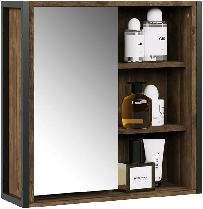 Specchio contenitore bagno Naola, Quercia/nero, 62.2 x 62.5 cm con 1 porta a specchio, per la conservazione di articoli da bagno e asciugamani