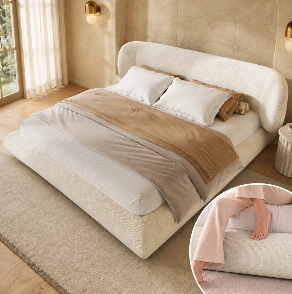 Letto matrimoniale imbottito 140 x 190 cm in ciniglia beige con rete a doghe e testiera