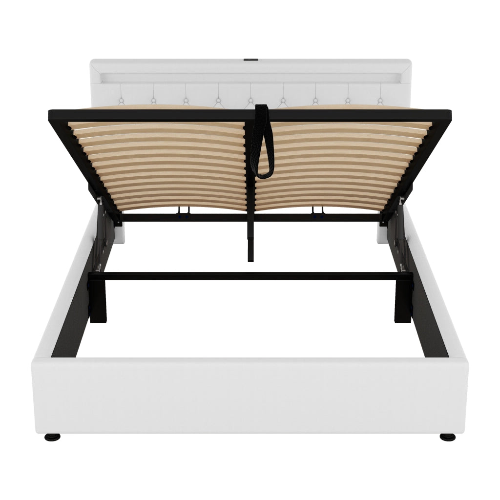Letto Matrimoniale 160 × 200 cm con luce LED, porte USB e Type-C, contenitore idraulico, senza materasso, bianco