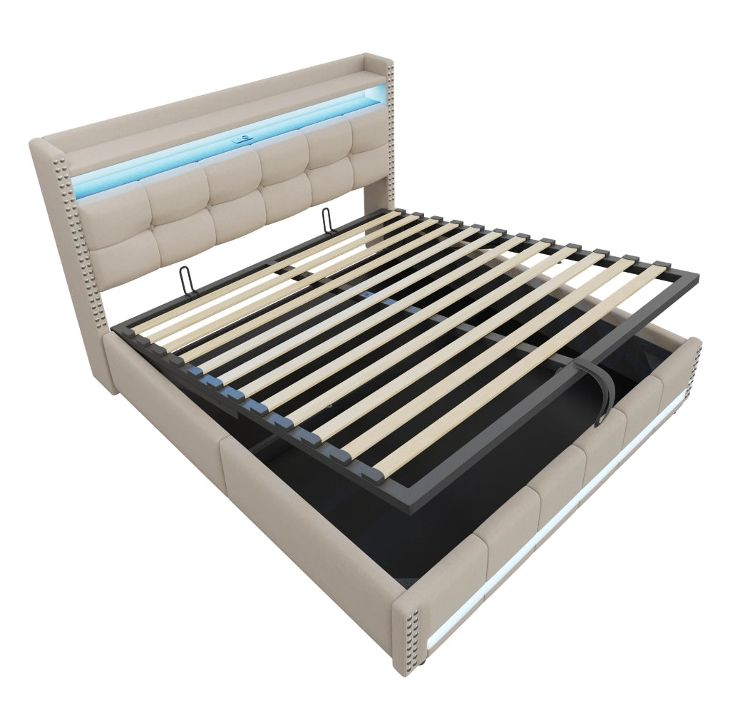 Letto imbottito 180x200 cm con contenitore; LED e USB in lino