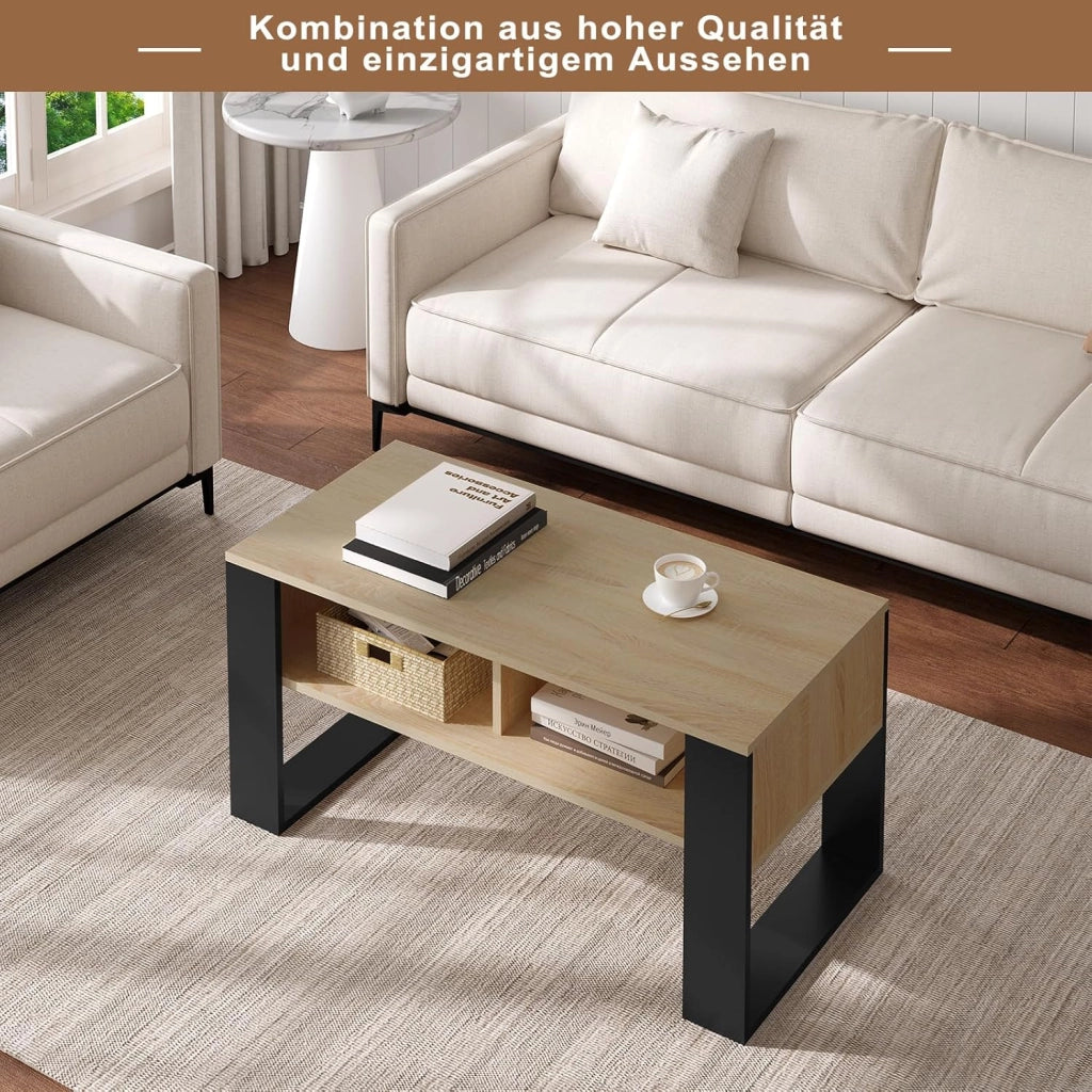 Tavolino da Salotto/Divano con 2 Scomparti Aperti, Tavolino Basso, Tavolo Laterale per Soggiorno, Camera da Letto, in Legno, Marrone Rustico + Nero, 90x45x45 cm, BTS16hov