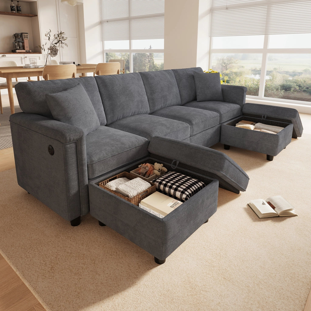 Divano modulare trasformabile a L o U 261x134x82 cm in ciniglia grigio con USB e Type-C