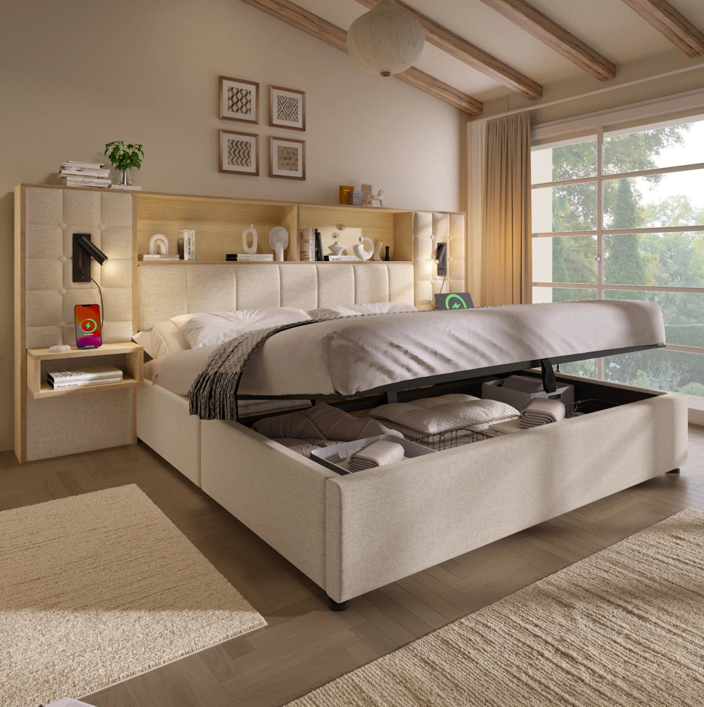 Letto matrimoniale 160x200 cm con contenitore; in tessuto effetto lino beige; luci lettura e ricarica USB-C