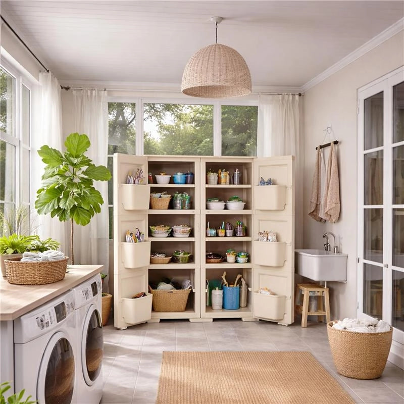 MOBILE MULTIUSO 2 ANTE ANGORA 79X43X125 CM CON 3 MODULI E 6 TASCHE LATERALI – ARMADIO ORGANIZZATORE VERTICALE CON RIPIANI E ANTE LISCE
