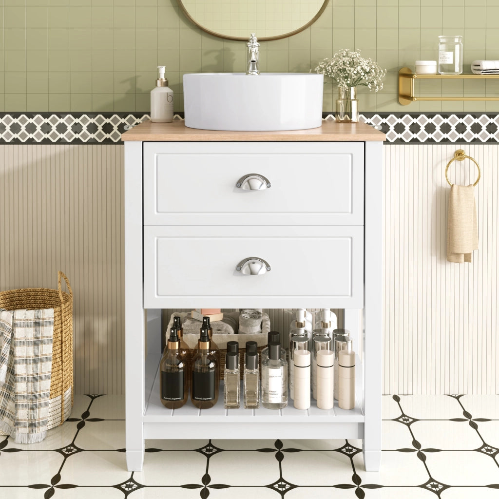 Mobile sottolavabo da bagno con lavabo in ceramica, 2 cassetti e vano aperto, in MDF, bianco e legno, 60 × 45 × 91 cm