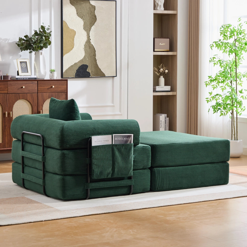Divano modulare con tasca laterale e cuscino, seduta ergonomica in velluto a coste, Verde smeraldo