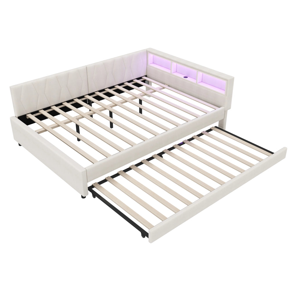 Letto estraibile 140×200 cm con USB e Type-C; LED e ripiani; senza materasso; lino; beige